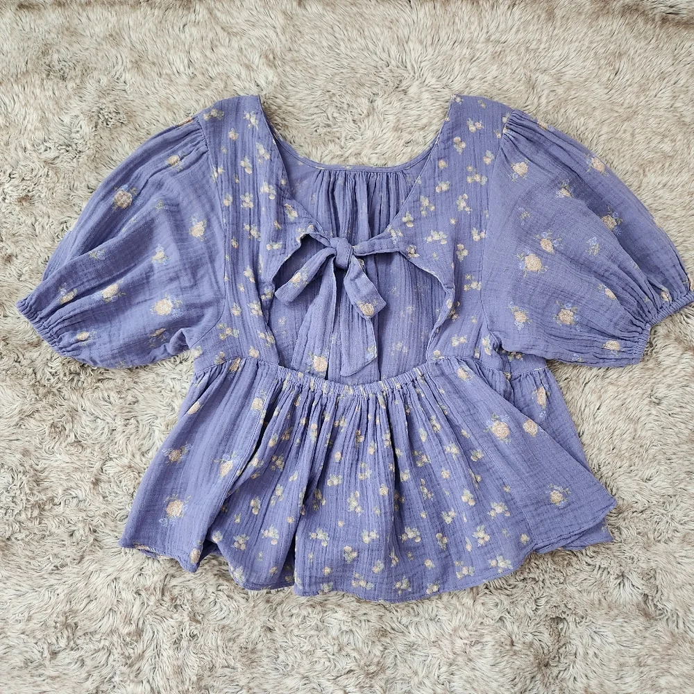 Free People Chloe Printed Top In Indigo‎ Combo Open Back Wonens Size XL